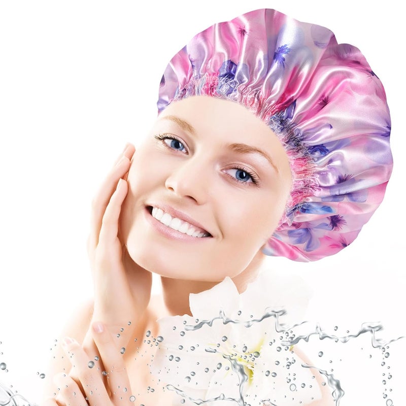 CHFONG 4 PCS Shower Caps for Women, Printing Bath Caps, Double Layers Shower Cap Reusable Waterproof, Bathing Shower Caps, Environmental Protection Hair Bath Hat - Flower C - Image 2